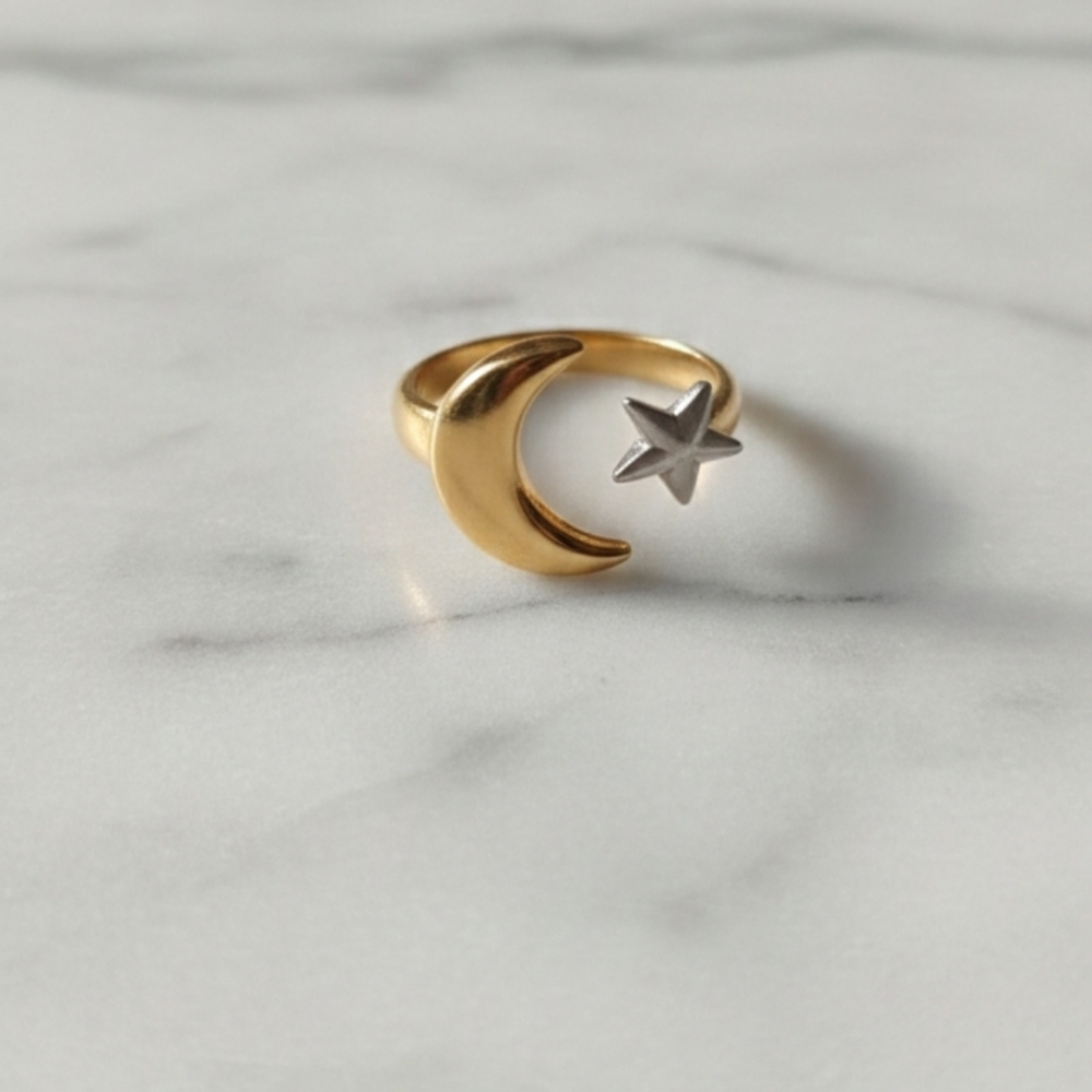 18k Gold Plated Moon and Star Ring Stainless Steel